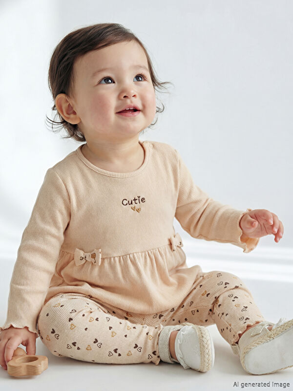 LCW baby Baskılı Fırfır Detaylı Kız Bebek Bluz ve Tayt