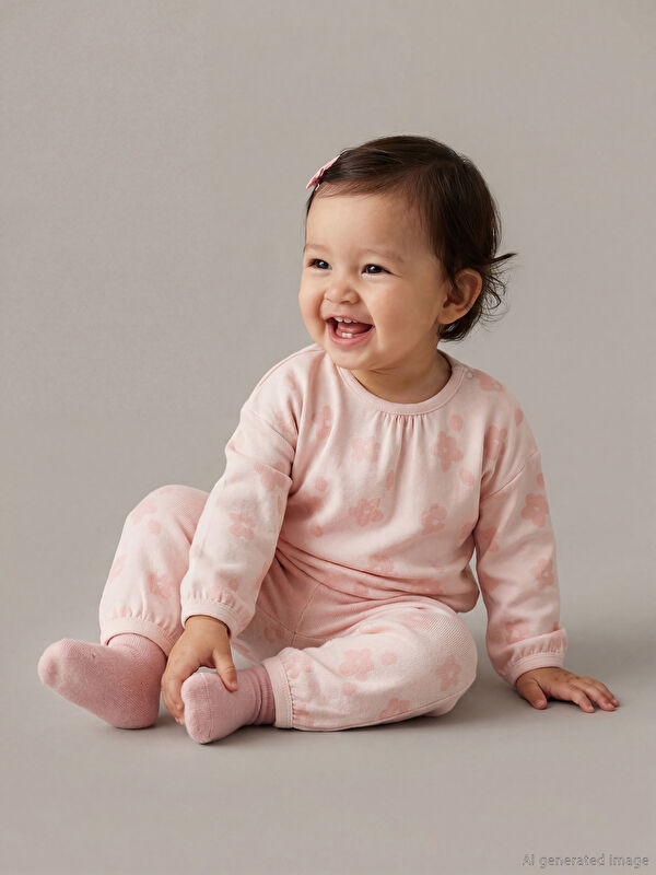 LCW baby Bisiklet Yaka Çiçekli Kız Bebek Pijama Takımı