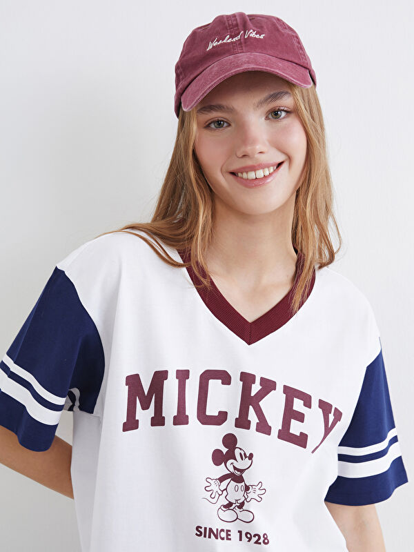 XSIDE V-Ausschnitt Mickey Mouse Bedrucktes Oversize Damen-T-Shirt