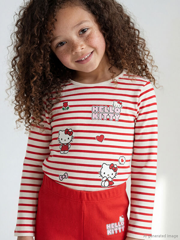 LCW Kids Çizgili Hello Kitty Baskılı Kız Çocuk Fitilli Tişört