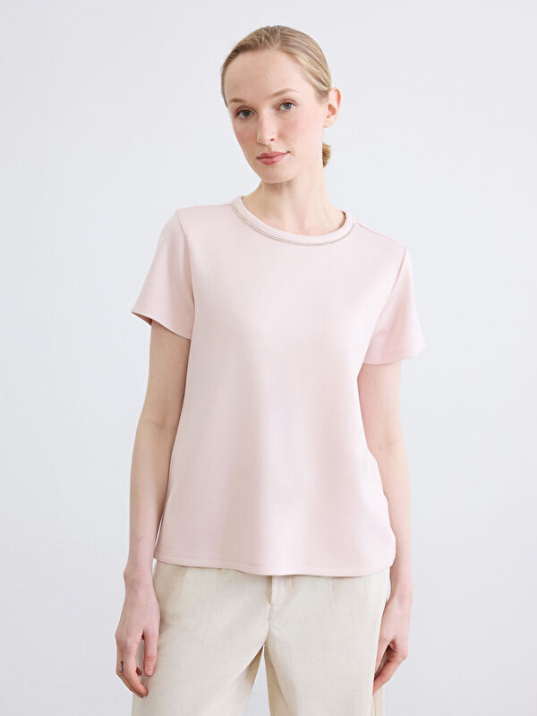 LCWAIKIKI Classic Crew Neck Rhinestone Embellished Soft Touch Women's T-Shirt