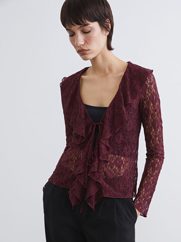 LCW Vision Damen V-Ausschnitt Spitzen Gekräuselte Bluse
