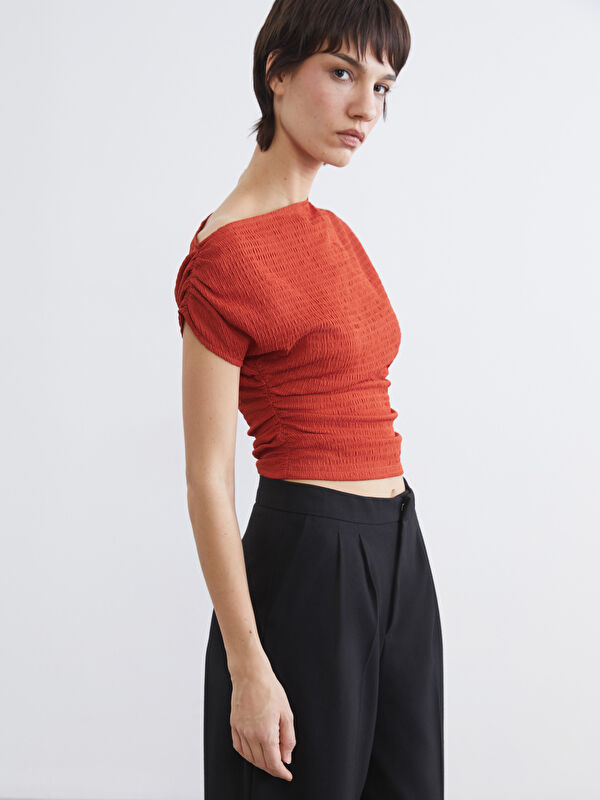 LCW Vision Women's Slash Neck Textured Ruched Crop Blouse