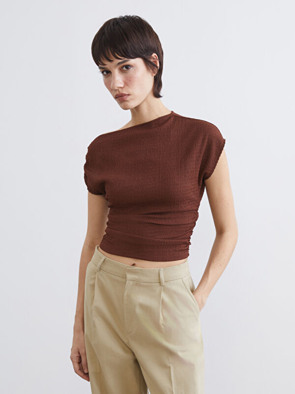 LCW Vision Damen Bluse mit schulterfreiem Ausschnitt, strukturierter, geraffter Crop-Schnitt