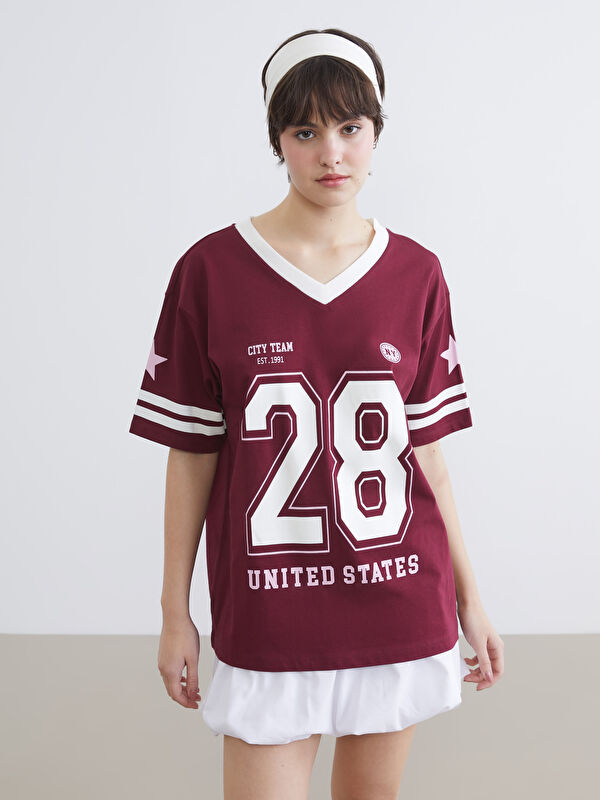 XSIDE V Yaka NYC Baskılı Oversize Kadın Tişört	