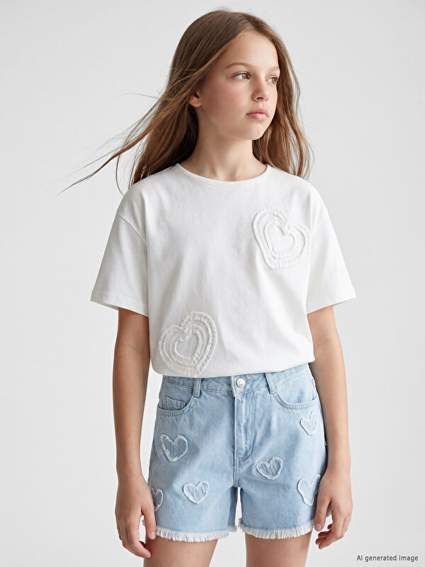 LCW Kids Bisiklet Yaka Nakışlı Kız Çocuk Tişört