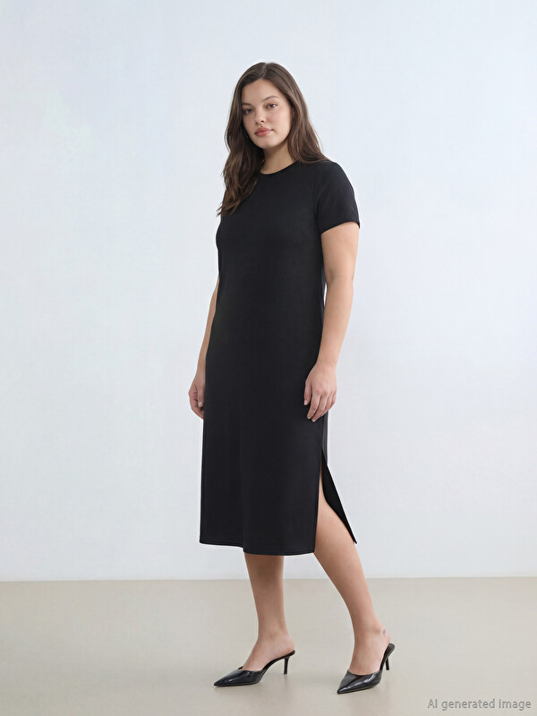LCW Comfort Bisiklet Yaka Yırtmaçlı Elbise
