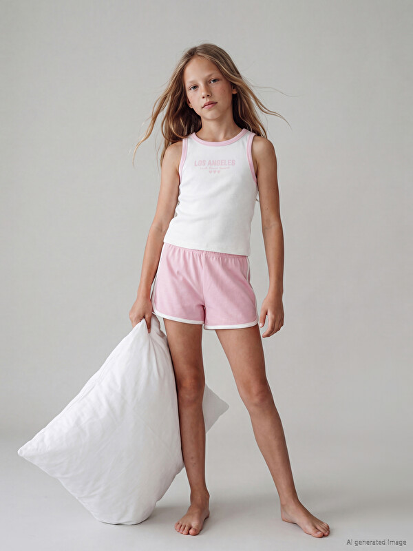 LCW Kids Crew Neck Printed Girls' Shortie Pyjamas Set