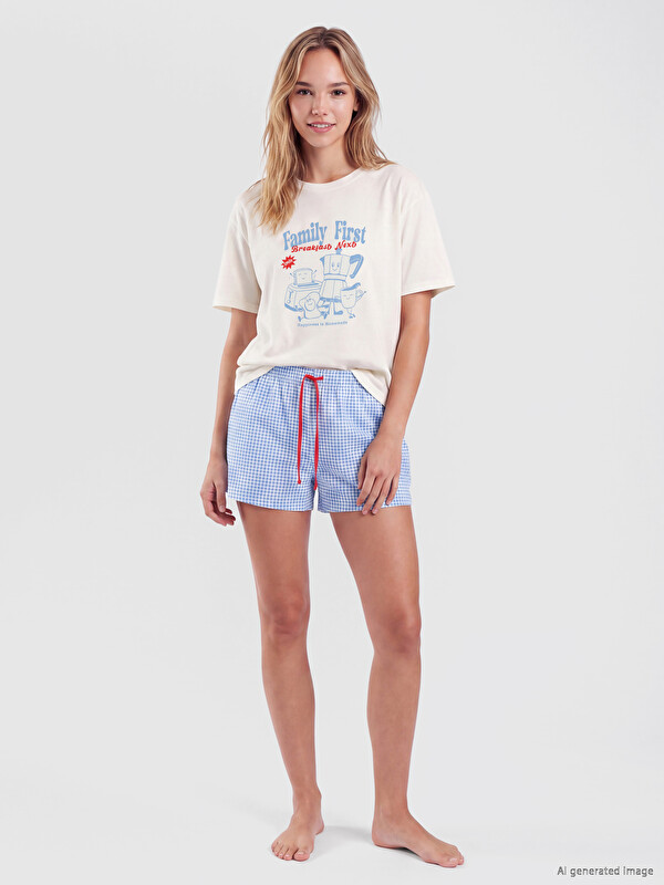 LCW DREAM Crew Neck Printed Women's Short Pyjamas Set