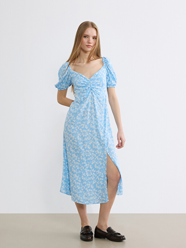 XSIDE Square Neck Floral Puff Sleeve Slit Detail Dress
