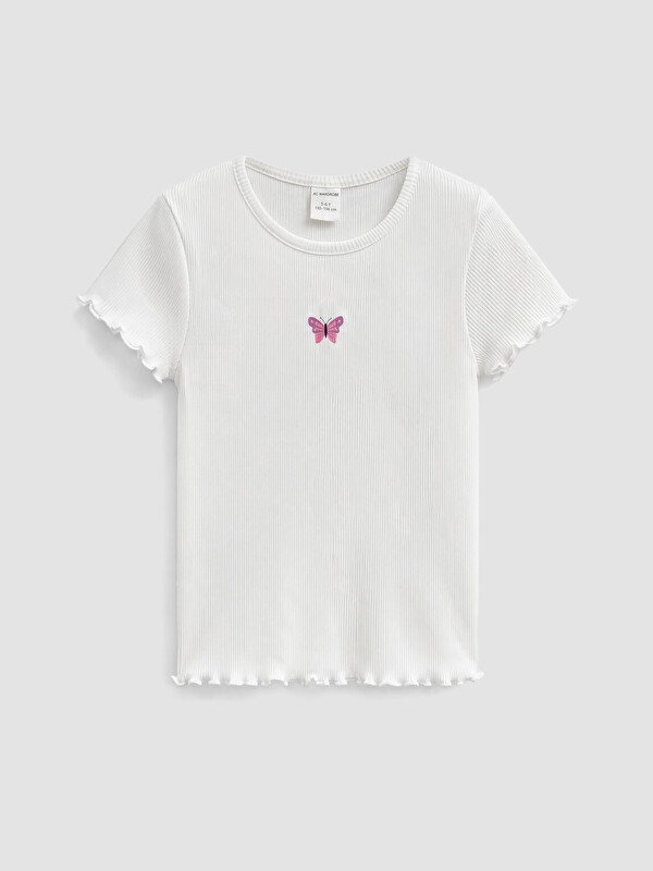 LCW Kids Crew Neck Embroidered Girls' Ruffled T-Shirt