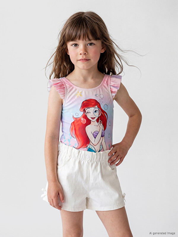 LCW Kids дөңгелек жағалы ariel принтті қыздарға арналған купальник