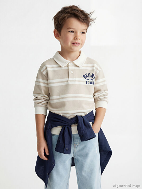 LCW Kids Polo Yaka Çizgili Erkek Çocuk Kalın Sweatshirt