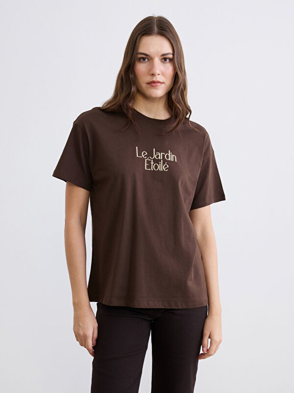 LCW Comfort Bisiklet Yaka Baskılı Kadın Tişört