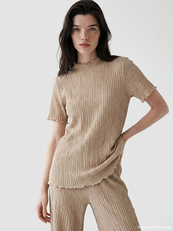 LCW Comfort Ruffled Stand-up Collar Textured Women's T-Shirt