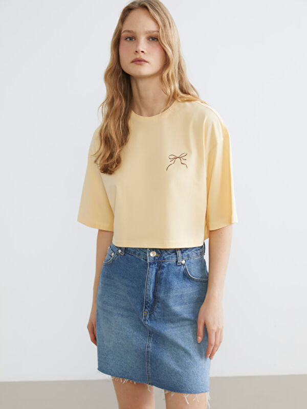 LC WAIKIKI Bisiklet Yaka Baskılı Oversize Kadın Crop