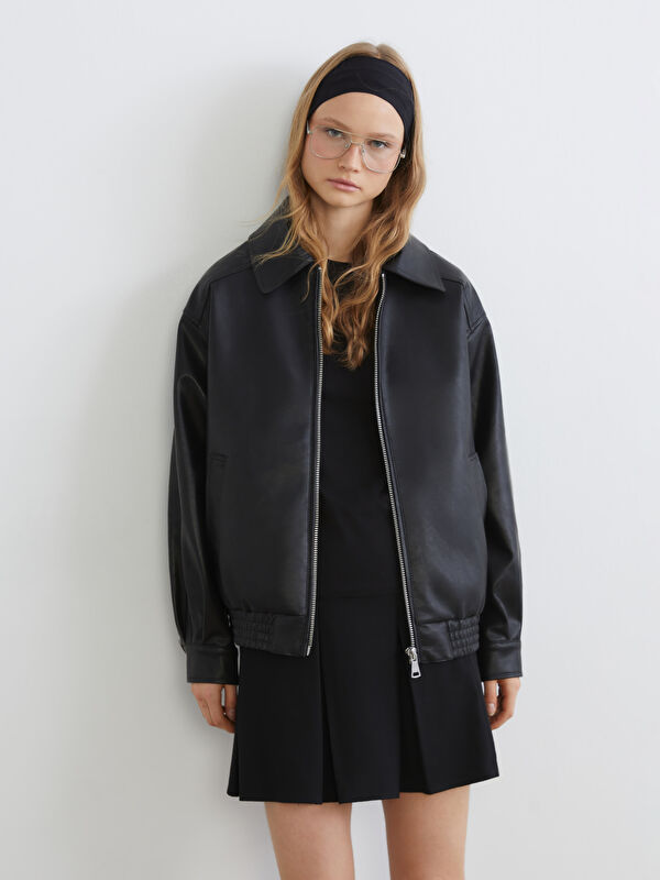 XSIDE Collared Neck Oversize Women's Faux Leather Jacket