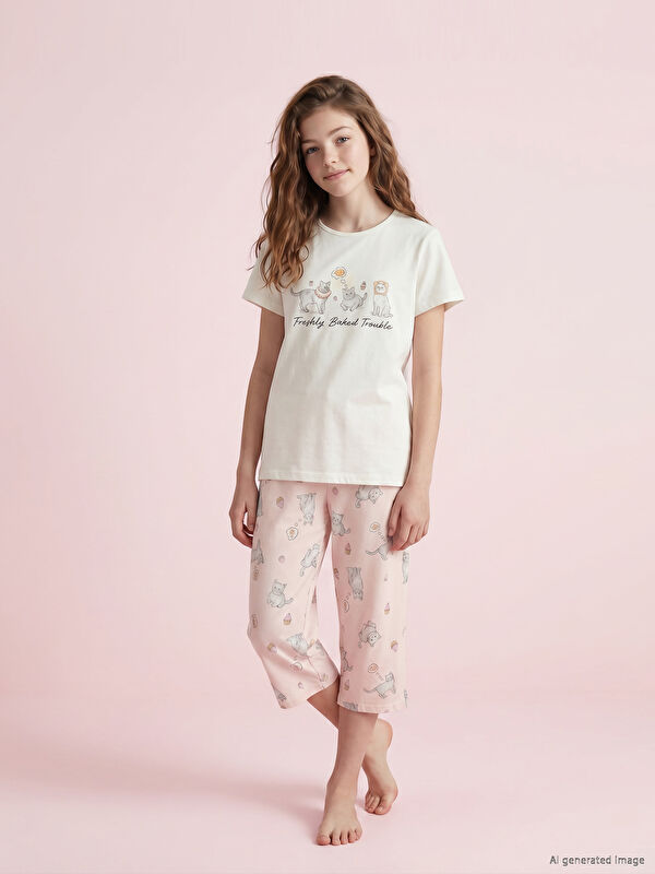 LCW Kids Set de pijamale capri imprimate pentru fete