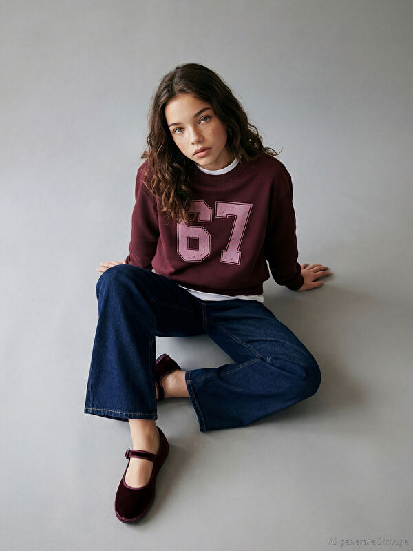 LCW Kids Bisiklet Yaka Baskılı Kız Çocuk Kalın Sweatshirt