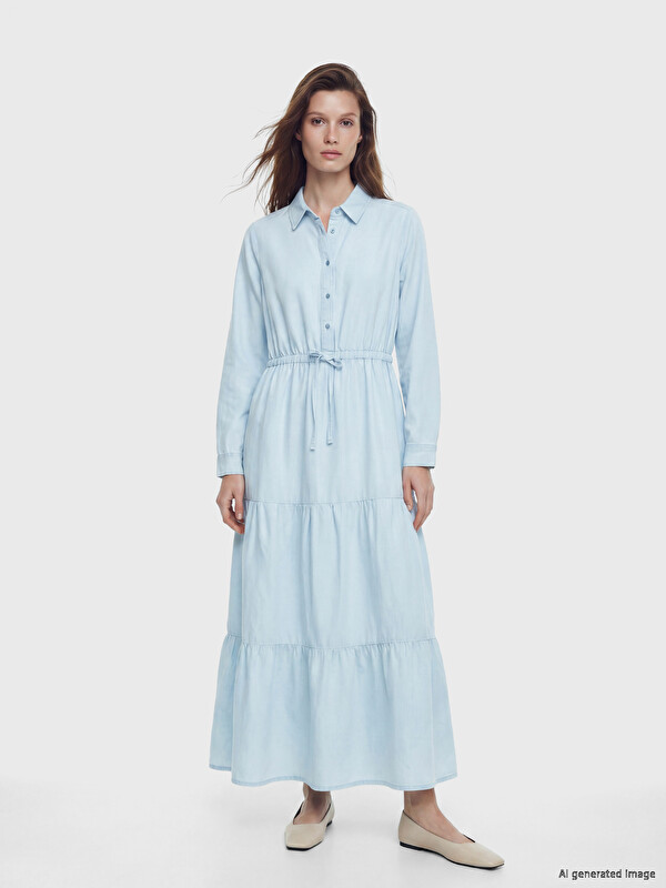 LCW Modest Gömlek Yaka Katkat Jean Elbise