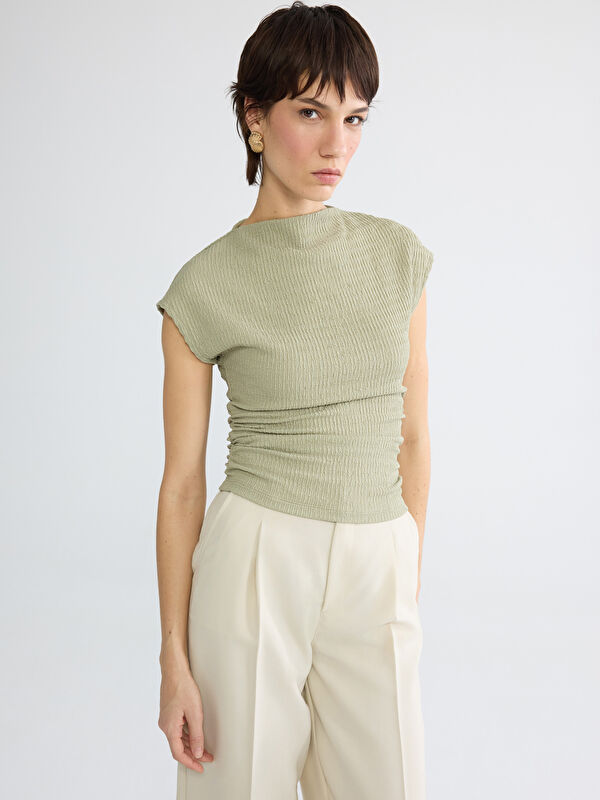 LCW Vision Women's Slash Neck Textured Ruched Blouse