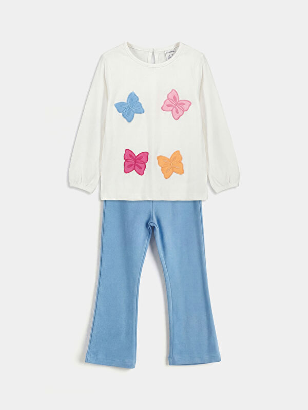 LCW Kids Butterfly Embroidered Girls' Flare Leggings and Blouse Set