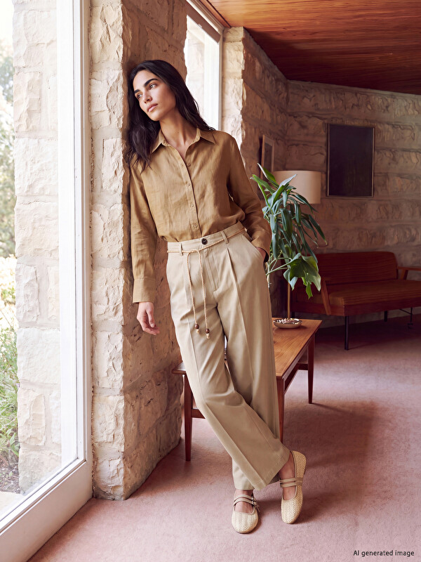 LCW Vision Belted Waist Carrot Cut Women's Fabric Trousers