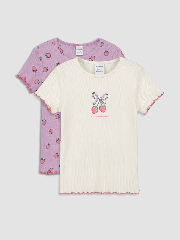 LCW Kids Ribbed Printed Girls' 2 Pack T-Shirt