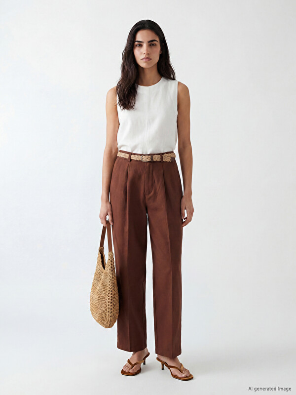 LCW Vision Belted Loose Fit Women's Pleated Fabric Trousers