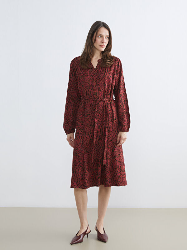 LCW Grace Notch Neck Patterned Women's Sash Poplin Dress
