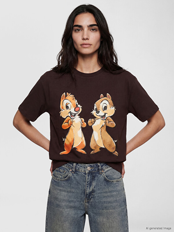 XSIDE Crew Neck Chip and Dale Printed Women's Loose T-Shirt