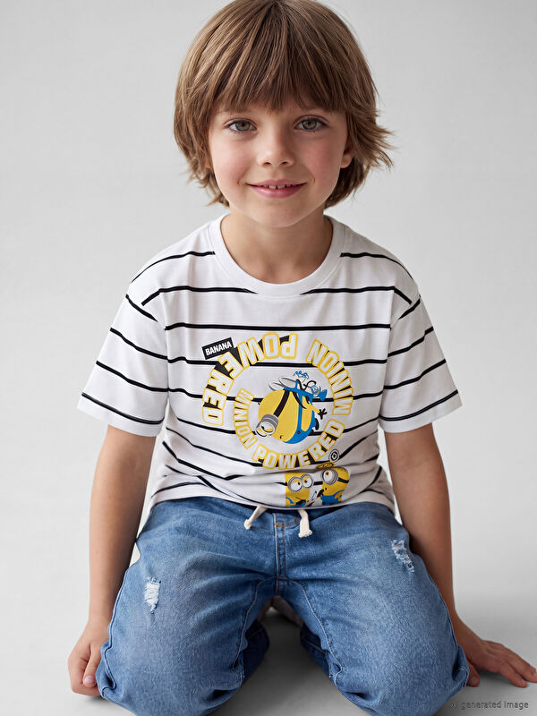 LCW Kids Çizgili Minions Baskılı Erkek Çocuk Tişört
