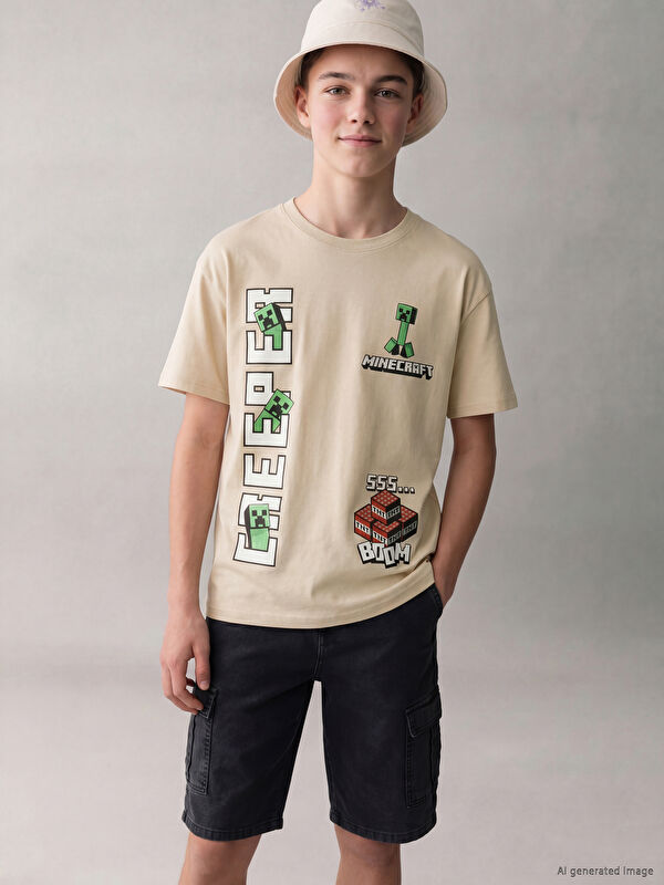 LCW Kids Bisiklet Yaka Minecraft Baskılı Erkek Çocuk Tişört