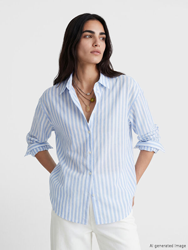 LCW Vision Gestreiftes Oversize-Popeline Damenhemd