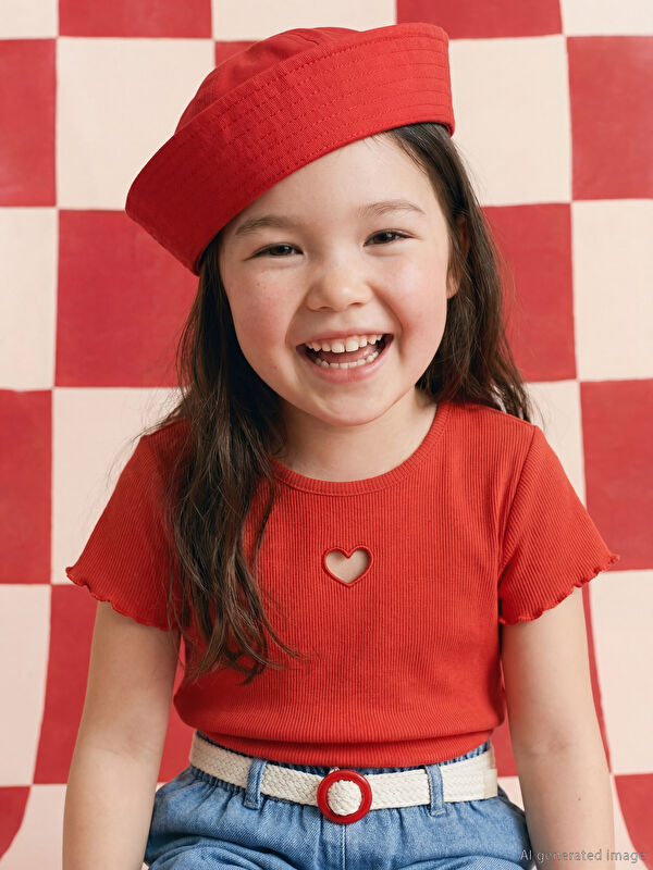 LCW Kids Kalp Detaylı Kız Çocuk Fitilli Tişört