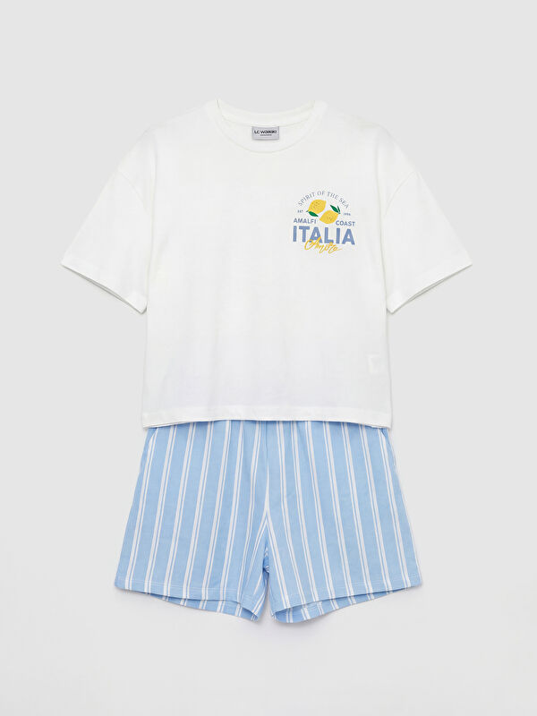 LCW Kids Crew Neck Italy Printed Girls' T-Shirt and Shorts