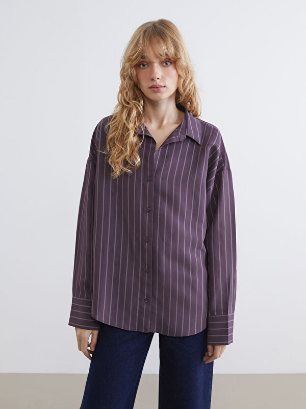 LCW Vision Çizgili Oversize Kadın Gömlek