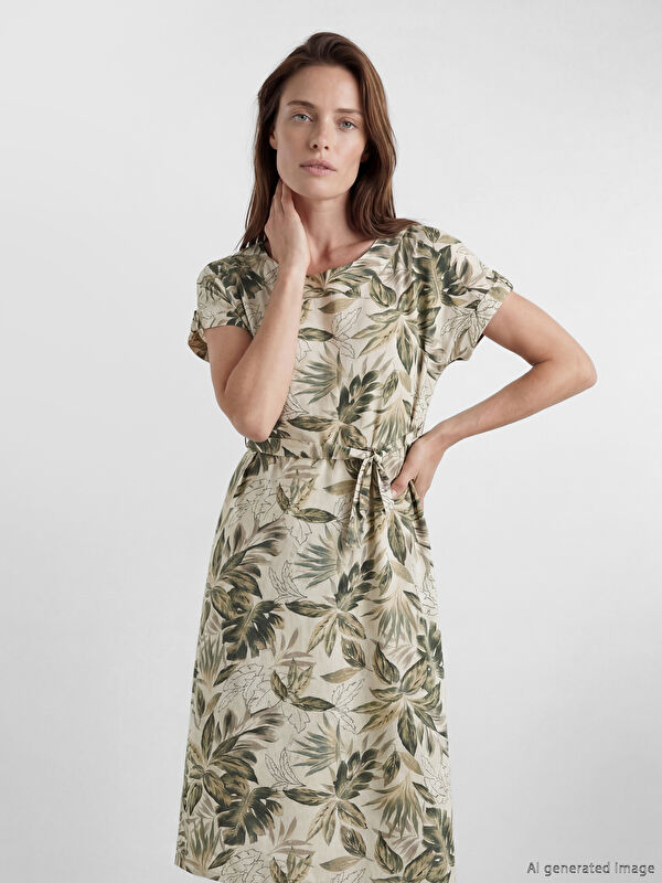 LCW Grace Leaf Patterned A-Line Poplin Dress