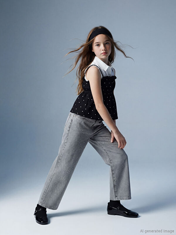 LCW Kids Wideleg Taşlı Kız Çocuk Jean Pantolon