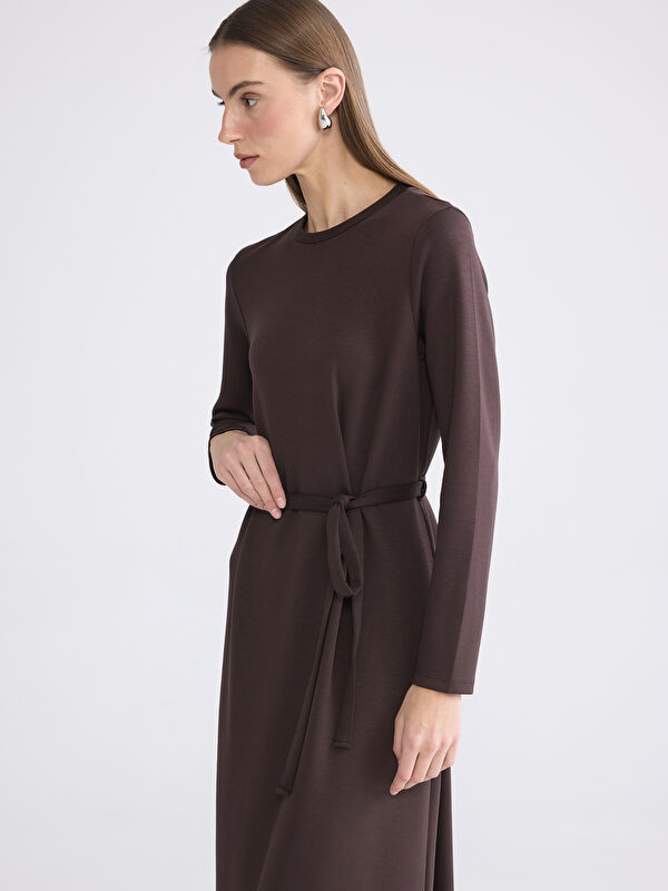 LCW EVERYDAY Crew Neck Belted Soft Touch Dress