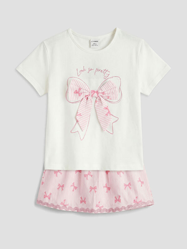 LCW Kids Bow Printed Girls' Skirted Set