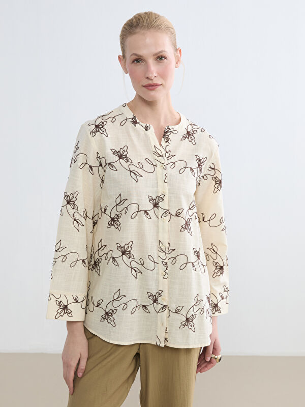 LCW Grace Embroidered Linen-Look Women's Shirt