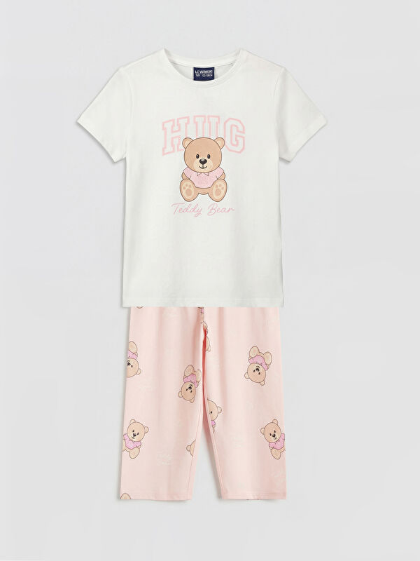 LCW Kids Ayı Teddy Baskılı Kız Çocuk Kaprili Pijama Takımı