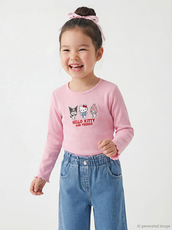 LCW Kids Bisiklet Yaka Hello Kitty Nakışlı Kız Çocuk Fitilli Tişört