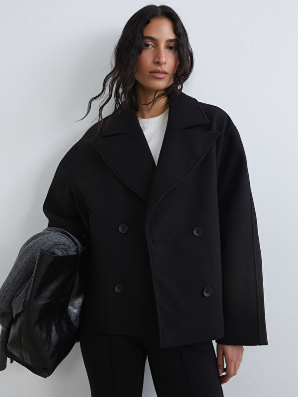 LCW Modest Kruvaze Yaka Oversize Kadın Kaşe Kaban