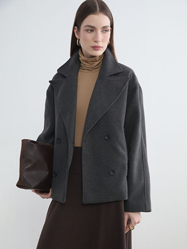LCW Modest Kruvaze Yaka Oversize Kadın Kaşe Kaban