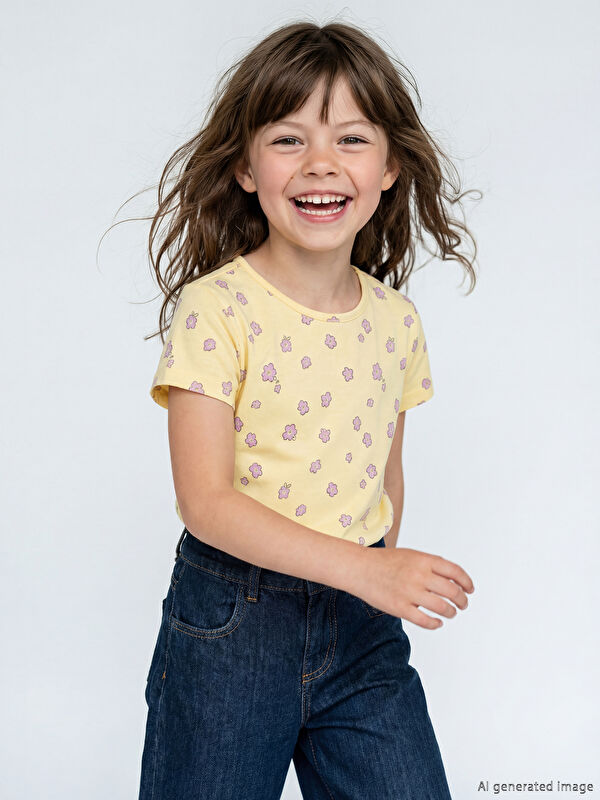 LCW Kids Bisiklet Yaka Çiçekli Kız Çocuk Fitilli Tişört	