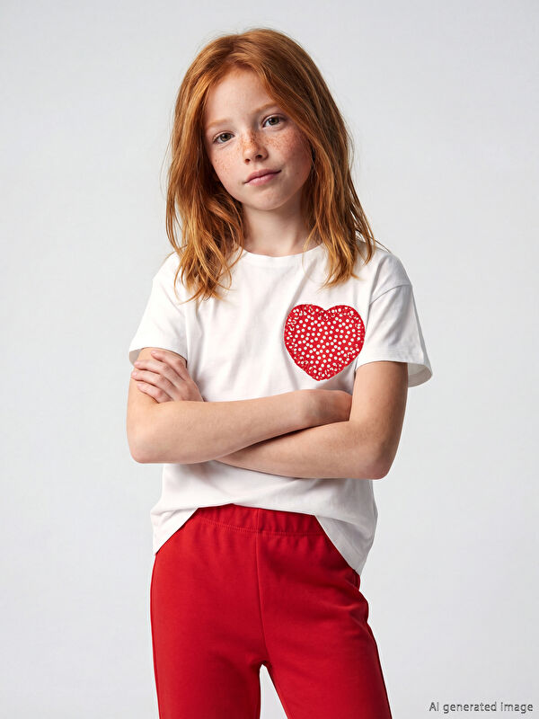 LCW Kids Bisiklet Yaka Kalp Nakışlı Kız Çocuk Tişört