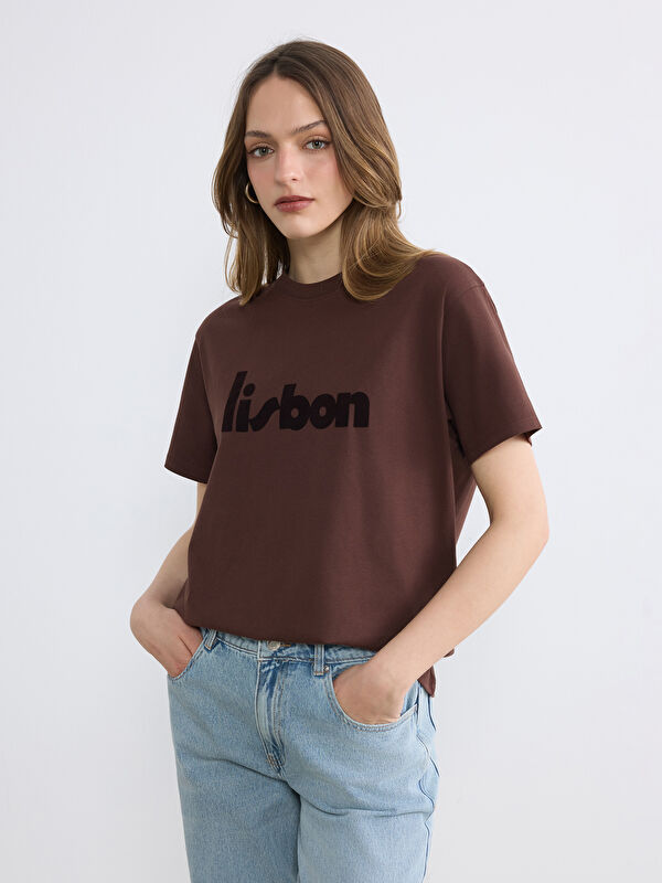 LCW Vision Bisiklet Yaka Lisbon Baskılı Kadın Tişört
