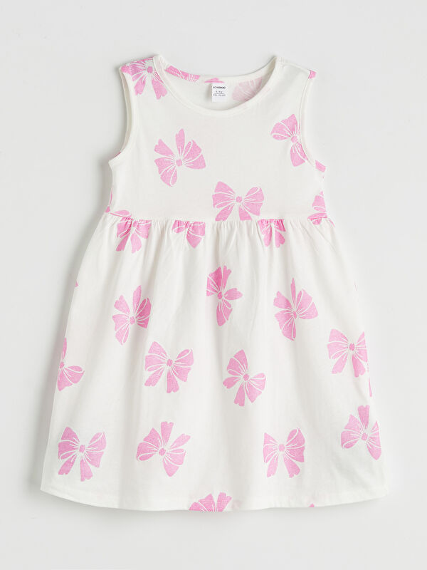 LCW Kids Crew Neck Bow Printed Girls' Jersey Dress